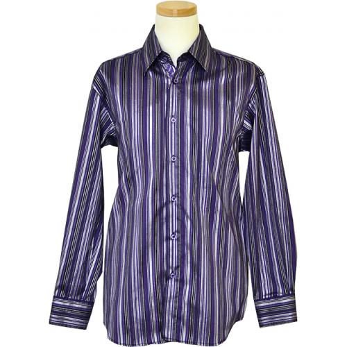 Cielo Purple / Metallic Silver / Black Striped Long Sleeve Microfiber Blend Casual Shirt S5976